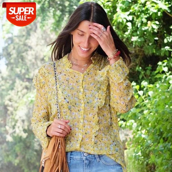 

floral print ruffle yellow blouse women summer long flare sleeve o neck button shirts casual vintage silk shirt 2021 #6g5a, White