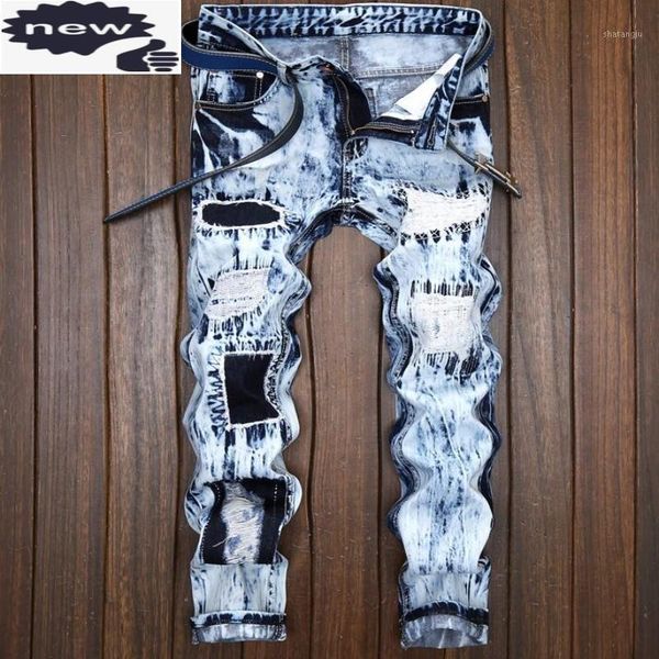 

mens punk distressed hole trousers for man patchwork light blue male jeans washed zipper homme denim pants1