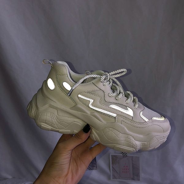 

women sneakers dad chunky sneakers mesh casual shoes autumn reflective comfortable breathable white flats female platform shoes 201110, Black