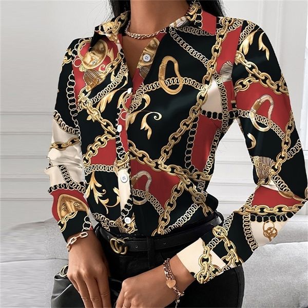 Модная цепь леопардовый напечатанный леди офисная рубашка элегантный поворотный воротник блузка повседневная кнопка с длинным рукавом осень женские топы 220225