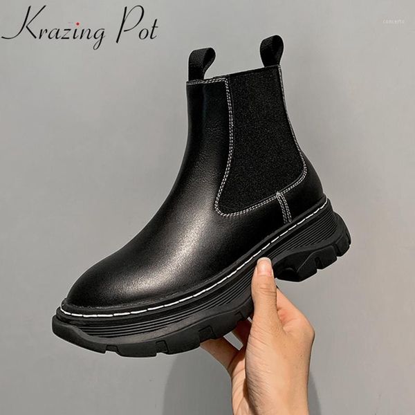 

krazing pot fashion cow leather round toe high heels thick bottom sewing basic winter shoes dress lady casual ankle boots l1f21, Black