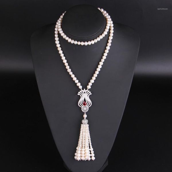 

freshwater pearl zircon pendant sweater chain long necklace1, Silver