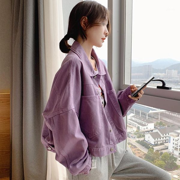 

2020 solid turn-down collar jean jacket for women loose casual purple fashion coats korean style female denim feminine j2021, Black;brown