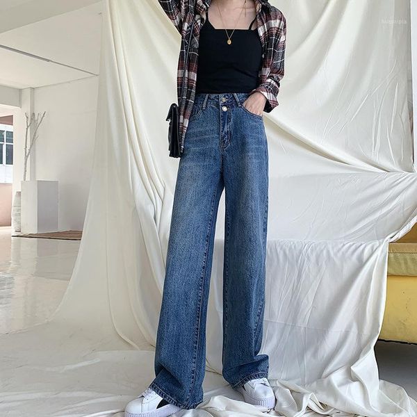 

2020 spring high waisted women jeans full length cotton pockets softener loose boyfriend jeans for women wide leg pants casual1, Blue