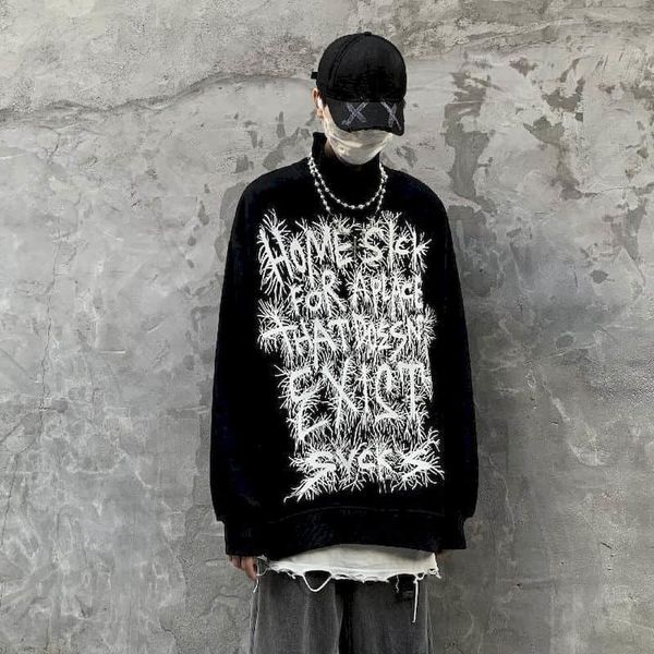 

2021 new street sweatshrit women couple dark gothic style letter printing winter plus veet loose high collar sweater men fudi, Black