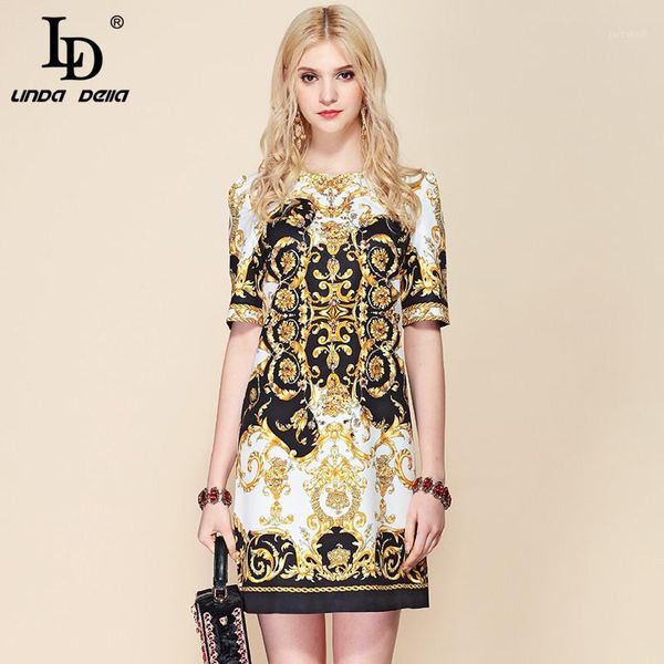 

ld linda della 2020 fashion runway summer dress women's short sleeve gorgeous floral print crystal beading slim vintage dress1, Black;gray