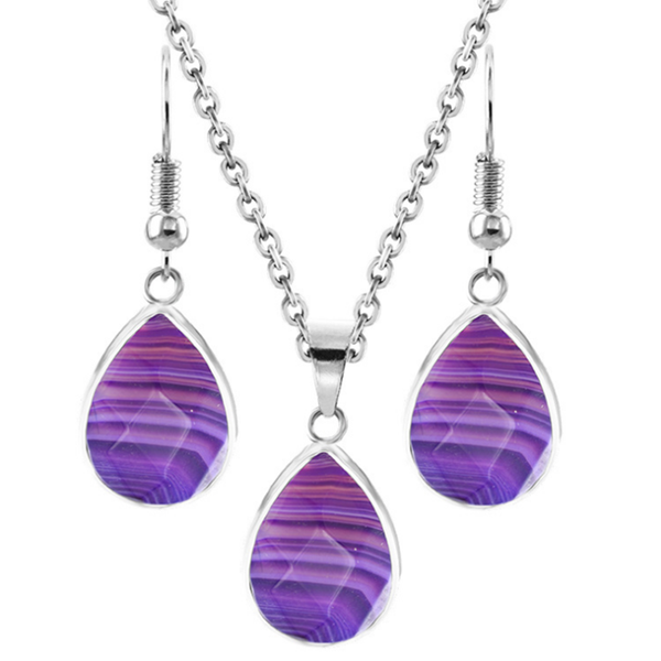 

fyjs unique silver plated stripe purple agates pendant water drop necklace earrings ethnic style jewelry sets