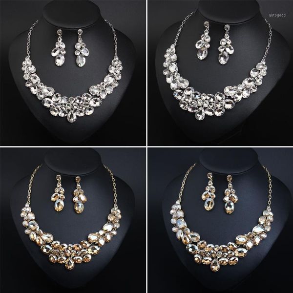 

earrings & necklace jewelry set women crystal statement bib chain choker water drop bridal wedding party prom gifts1, Silver