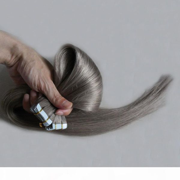 

ash blonde tape in human hair extensions 40pcs silver gray virgin hair straight skin weft seamless hair extension samples for salon 100g, Black