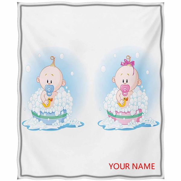 

gender reveal throw blanket, cute girl and boy babies in bath with bubbles duck toddler picture print diy blanket, lightweight, breathable