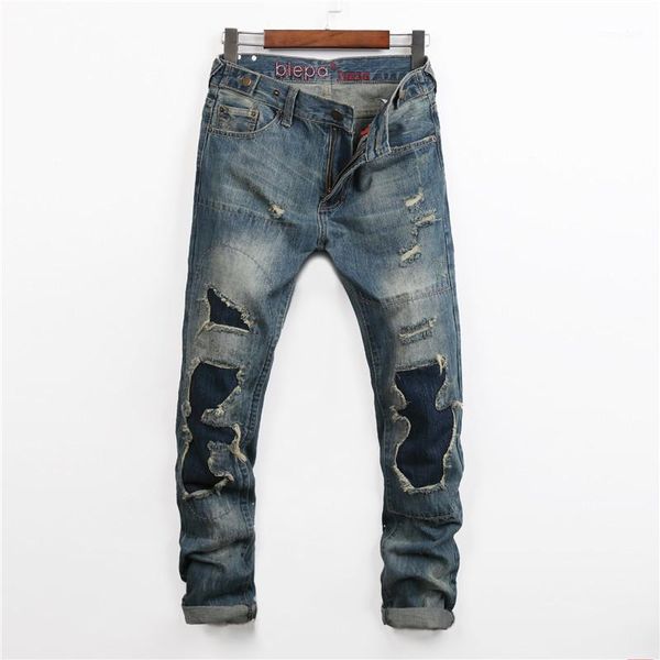 

men's jeans hole worn ripped homme retro plus size straight leg patch skinny men full length brand designed denim pants1, Blue