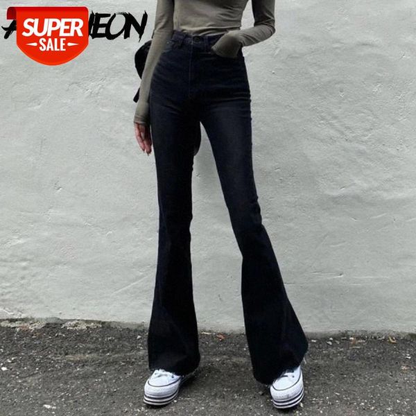 

allneon y2k fashion high waist black flare jeans punk aesthetics solid denim long trousers e-girl vintage 90s streetwear chic #wa7v, Black;white
