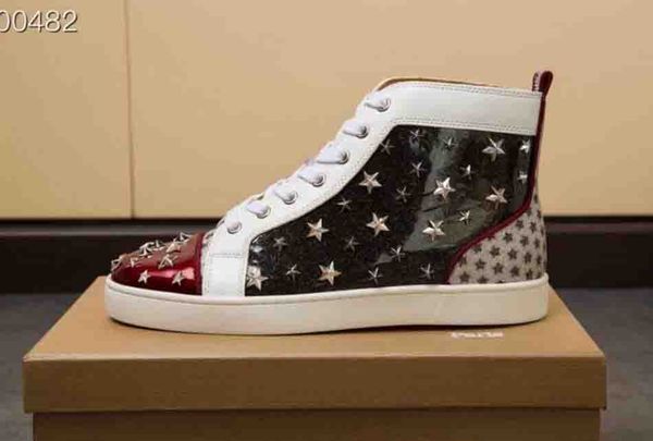

бренды дизайн star шипованные мужская flat red bottom sneaker star шипованных шипы мода обувь, синий блеск лакированной кожи denim заклепки, Black