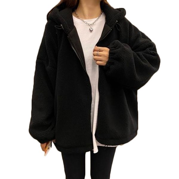 

2020 new winter women's jackets imitate lambswool hooded loose oversize trendy outerwear pocket thick warm female coats, Black
