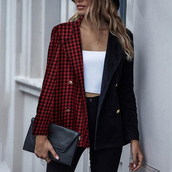 

women coats button decor contrast color patchwork design casual work formal jacket long sleeve plaid outwear suit coat lady, Black;brown