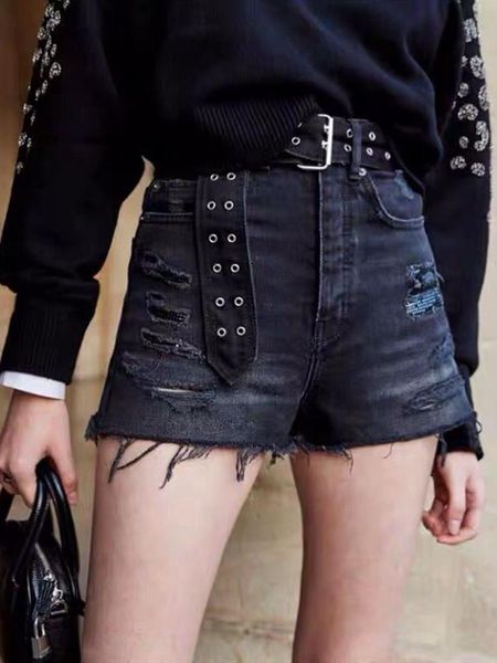 

new fashion women denim shorts high waist holes sequins wide leg tassel short jeans pants with sashes, Blue