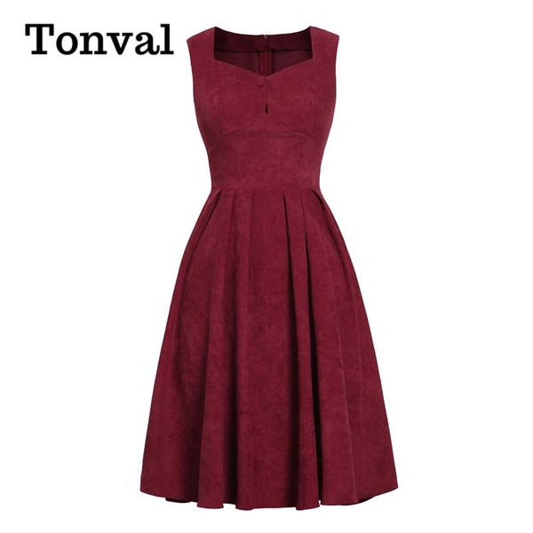 

tonval button front high waist pleated corduroy autumn dress burgundy elegant party women sleeveless vintage dresses, Black;gray