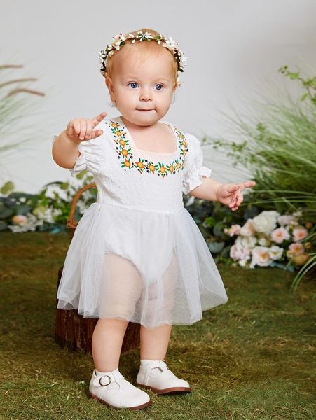 

baby floral embroidery contrast mesh dress she, Red;yellow