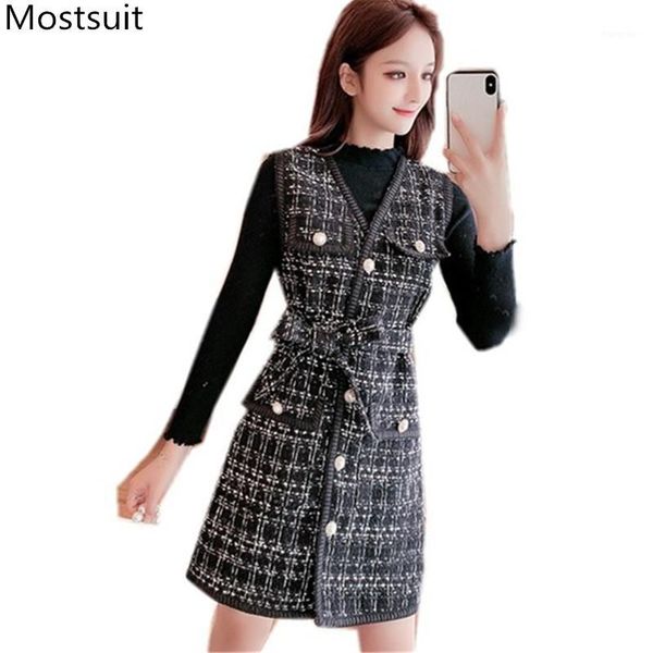 

vintage ladies 2 piece sets outfits women black pullover sweater + sleeveless dress with belt suits elegant fashion female sets1, White