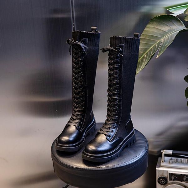 

донна-в knit высоких сапоги из натуральных кожаного узелка черного колена женской high boots осень зима женщина обувь женщина martin, Black