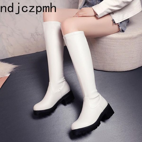 

boots women's the winter fashion round head mid heel high tube shoes plus size 34-44 height 5cm black white