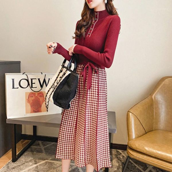 

2020 luxuriy winter new patchwork knitting plaids dress single breasted turtleneck long-sleeved bow sashes women vintage dress1, Black;gray