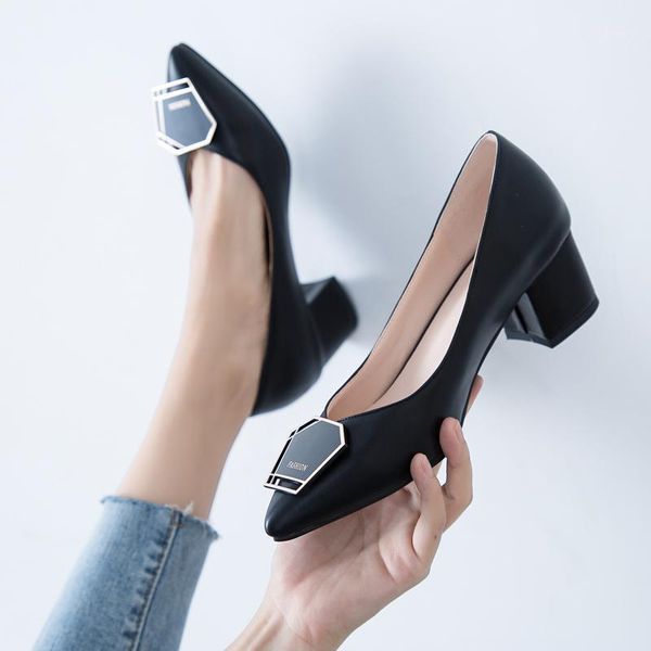 

2020 thick high heels shoes women pumps pointed toe work shoes slip on high heels spring footwear big size black 34-431