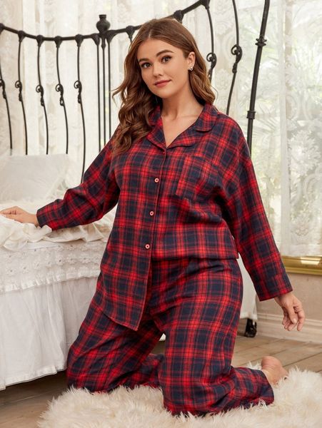 

plus tartan drop shoulder pj set u1ob#, Black;white