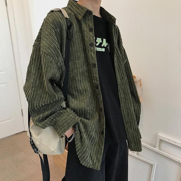 

autumn corduroy shirt men's fashion solid color casual retro shirt men streetwear wild loose long-sleeved shirts mens -2xl, White;black