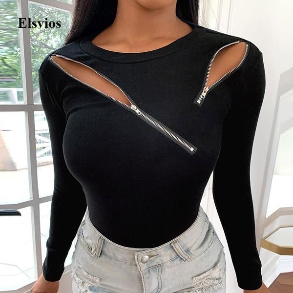 

zipper cut off spring blouse shirts women elegant hollow out o neck pullover blouse autumn long sleeve rib slim blusas, White