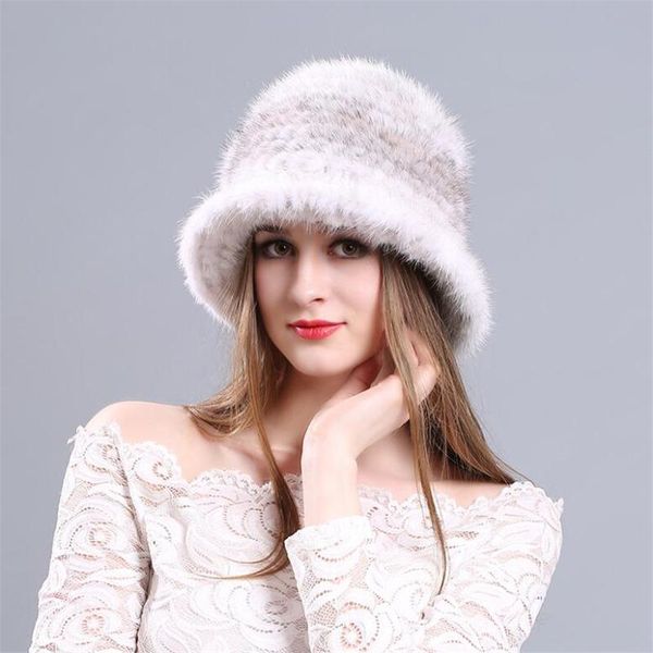 

ianlan luxury womens bucket hats casual girls real fur hats flower adornment ladies knitted caps il00213, Blue;gray