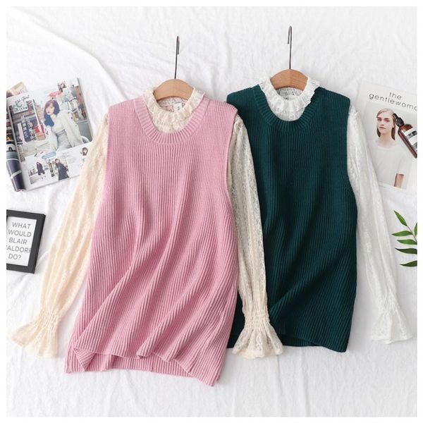 

knitted vest sweater lace shirt set 2020 spring lady1, Black;white