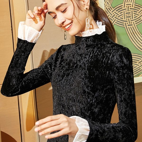 

vied9 women's autumn and winter in sleeve ruffled bottoming collar high blouse with long sleeves long autumn winter 2019elegant and ele, White