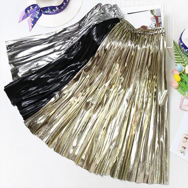 

2021 spring new arrival all match bright metallic shining pleated skirt faldas largas elegantes 3 colors available in, Black