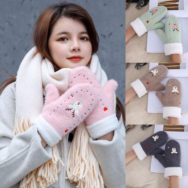

1 pairs cute embroidery cartoons elk gloves full fingers women knitted gloves thicken plus velvet cashmere plush warm mittens, Blue;gray