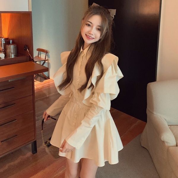 

autumn 2020 new temperament lapel waist a-line short ruffle long sleeve shirt skirt women's dress