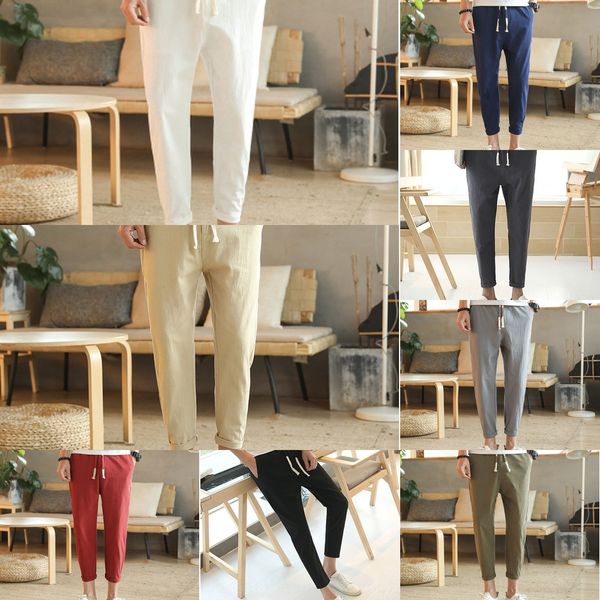 

summer men's linen capris loose casual small feet casual 9-point 9-fen ku 9 fen ku cotton hemp 9 point harem pants men's large cot, Blue