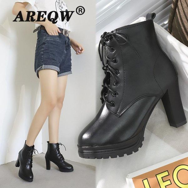 

2020 winter fashion women's boots lace-up side pull thick heel boots pointed super high heel pu ankle, Black