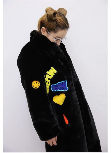 

vintage furry faux fur coat women patch fluffy warm female outerwear autumn winter plush overcoat pocket casual teddy outwear, Black