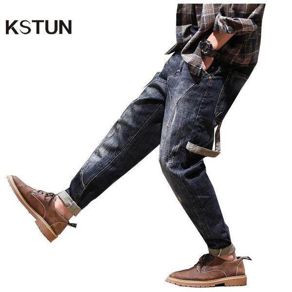 

new arrivals fashion harem jeans autumn men pockets designer loose fit tapered moto jeans casual denim pants long trousers 40, Blue