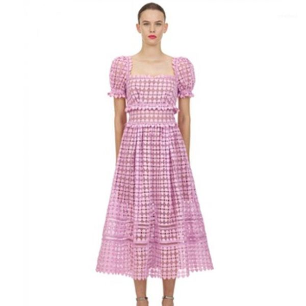 

casual dresses 2021 summer runway women ruffles short puff sleeve square collar lace dress female purple hollow out long party dress1, Black;gray
