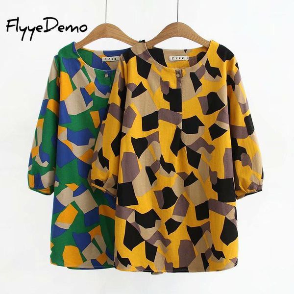 

new autumn casual half sleeve shirt 2020 women elegant o-neck cotton linen blouse plus size button print pullover blusa1, White