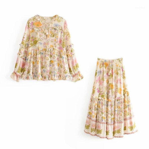 

deat 2020 spring summer long flare sleeve pink floral print blouse full skirt women two piece set outfits mg1151, White
