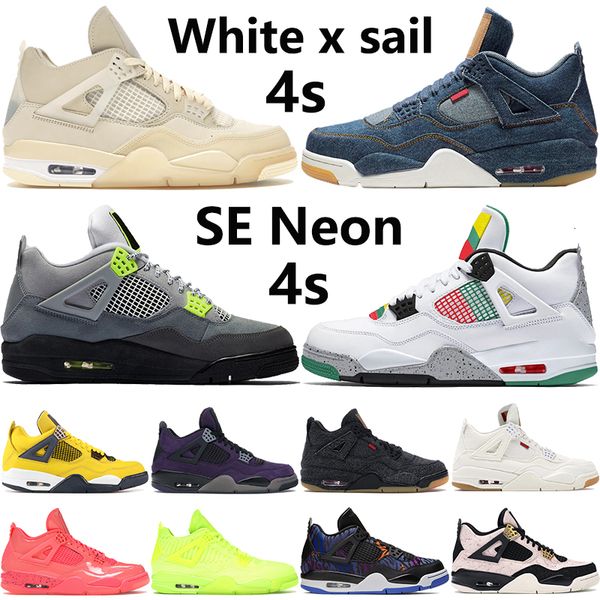 

sail 4 white x mens basketball shoes 4s se neon rasta travis scotts purple denim game royal jumpman sport men sneakers, Black