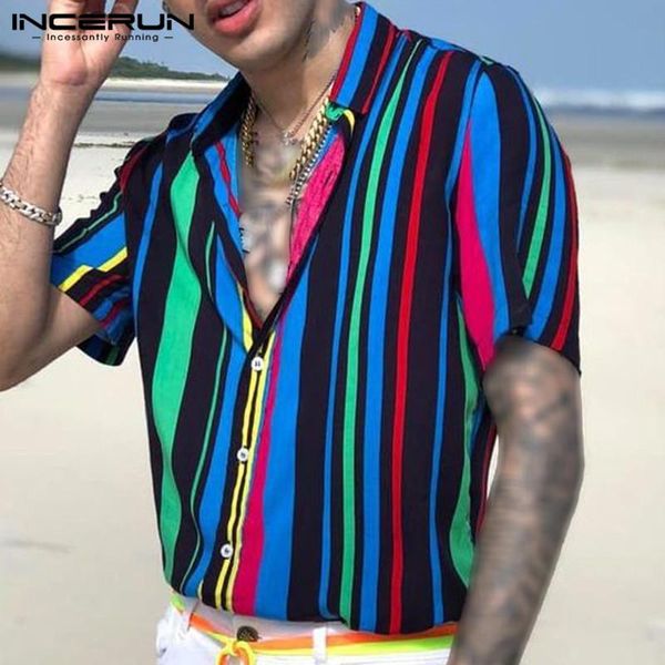 

incerun men's striped shirt 2020 short sleeve beach lapel casual fashion hawaiian shirts streetwear breathable camisas masculina, White;black