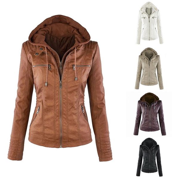 

faux leather jacket women hoodies gothic motorbike basic pu jacket outerwear hooded zipper waterproof ladies coat, Black