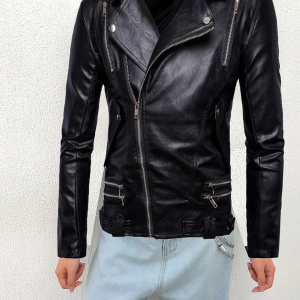 

plus size oversized solid jacket autumn spring men coat windbreaker casual zipper lapel pocket slim elegant pu leather black, Black;brown