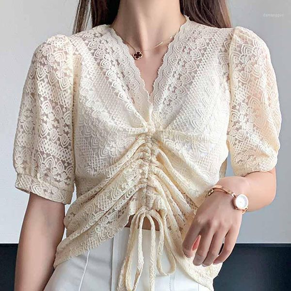 

summer short sleeve blouse shirt women blouse women blusas mujer de moda 2020 v-neck hollow lace shirts d2501, White