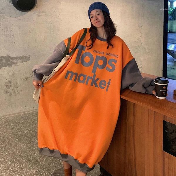 

new autumn winter dress women korean plus size loose thick warm dresses print letter patchwork long dress(gift masks)t471, Black;gray