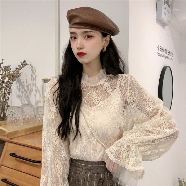 

2020 spring autumn ladies elegant blusas lace splicing stand collar shirt blouse women long sleeve casual and blouses1, White